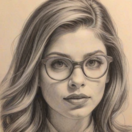 Enticing Danielle Fishel, pencil sketch, portrait of Captivating woman 1935s in glasses, hair style beatnik, outline, clear lines, fine lines, 8k
