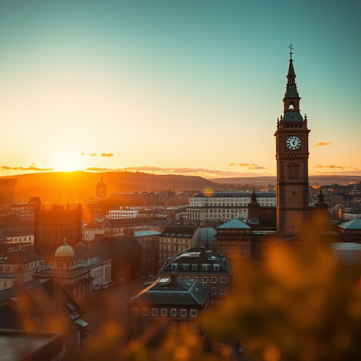 Capture a high-resolution aerial view of Edinburgh's skyline during golden hour with the clock tower prominently featured, utilizing a DSLR camera set to 24mm focal length, f/8 aperture, ISO 200, with a shallow depth of field and soft focus on foreground elements.