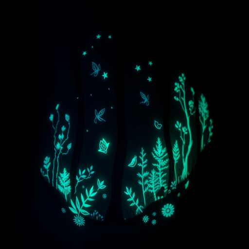 Luminous glow-in-the-dark tattoo called "Bioluminescent Forest" showcasing a magical woodland scene with phosphorescent ink that charges in daylight to emit a soft ethereal glow in darkness intricate details of flora and fauna come alive at night creating an enchanted landscape on the skin
