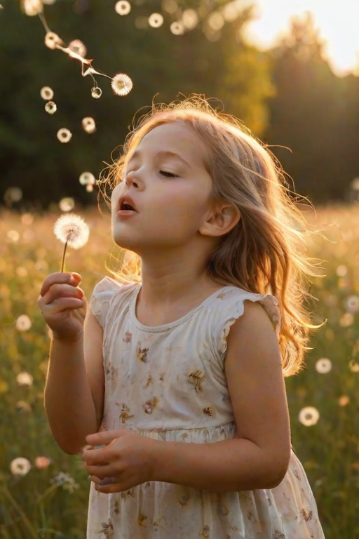 Soft-focus image of a young girl blowing dandelion seeds into the air in a sunlit meadow, soft golden light from the setting sun illuminating the floating seeds and wildflowers.