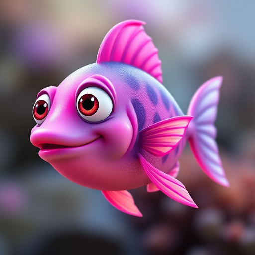 create a cartoon fish character with exaggerated features, bright colors like purple and pink, side view, high resolution, digital art style, 4k resolution, using a DSLR camera, f/2.8 aperture, 50mm lens, natural lighting