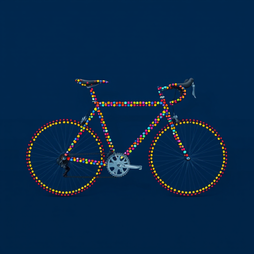 Create an abstract image of a bicycle composed of colorful dots against a dark blue background, using a DSLR camera with a 50mm lens, f/1.8 aperture, ISO 200, shot from a side view in natural lighting to enhance image clarity and detail.