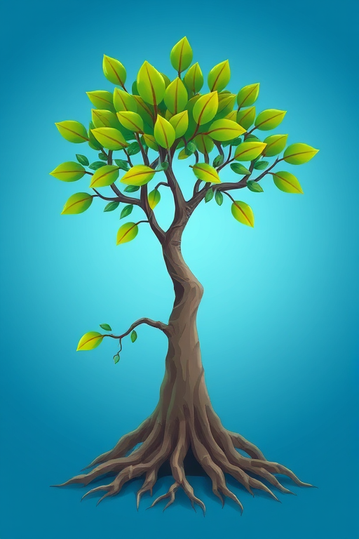 Create a vibrant and detailed illustration of a stylized tree with green leaves and pronounced roots, using a soft gradient blue background, shot with a Canon EOS R5 at f/8, ISO 100, and a 50mm lens for sharp focus and depth of field.