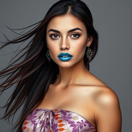 Photographic image of a beautiful young Native American woman, brown eyes, lips with cyan lipstick, long hair fluttering in the wind and wearing a silk strapless dress with a soft purple and orange print. monochrome image with only color highlights in the iris of the eyes, lipstick and dress. Gray background.