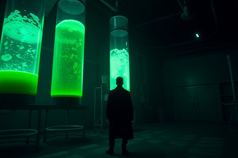 A mysterious laboratory with three large glass tubes filled with glowing green liquid, a figure in a long coat standing in front, dramatic lighting and shadows, captured with a Canon EOS R5 at f/1.8, ISO 100, 24mm lens, wide-angle view, cinematic style.