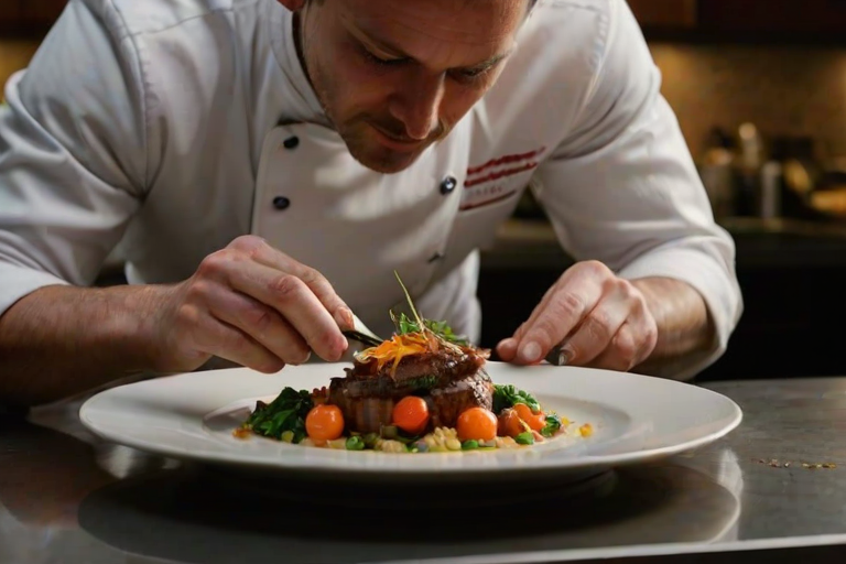 Sharp, high-resolution image of a chef plating a gourmet dish in a dimly lit kitchen, soft light reflecting off the plate, intricate details of the food arranged artfully, the smell of fresh ingredients and spices filling the air, a sense of culinary artistry captured.