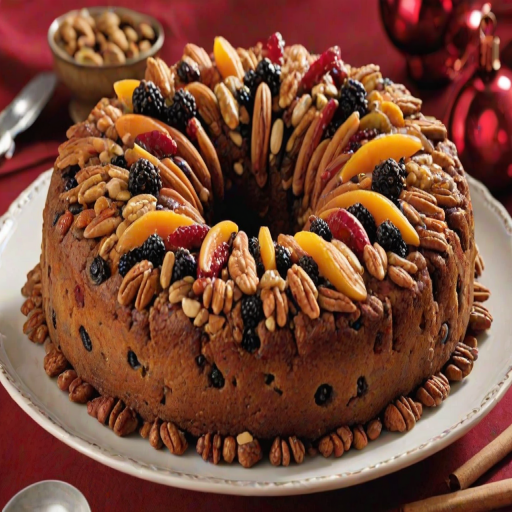 Create an image of a rich fruitcake topped with a variety of nuts and dried fruits. The cake should have a moist texture and be presented on a decorative plate, surrounded by festive decorations like pine cones and other seasonal elements. The setting should evoke a warm, cozy atmosphere, perfect for a holiday gathering.