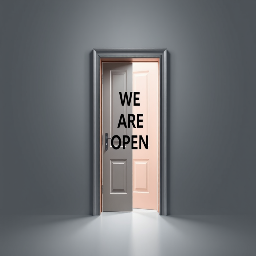 Create an image of an open door with the text "WE ARE OPEN" surrounding it in a circular pattern, captured with a Canon EOS R5, 50mm lens, f/1.8 aperture, ISO 100, top-down view, minimalistic style, high resolution.