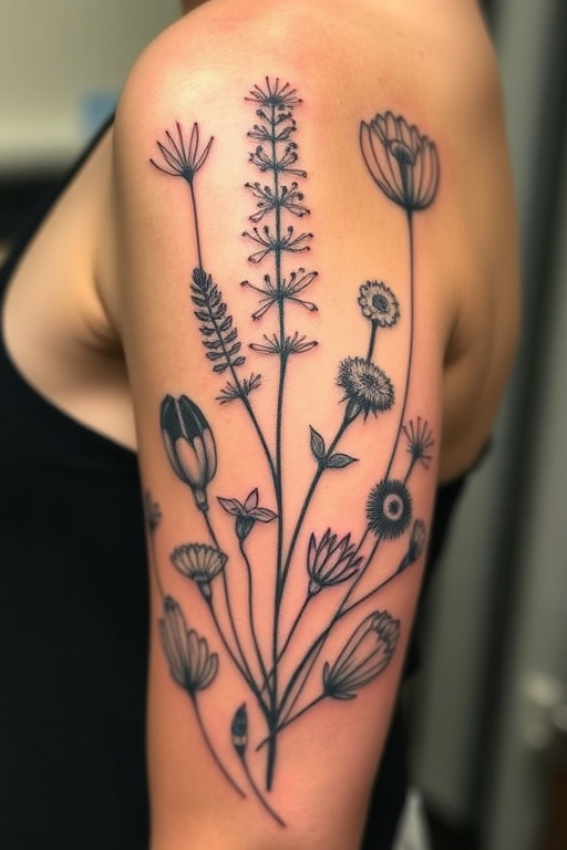 Botanical illustration tattoo named "Flora's Secret" featuring scientifically accurate renderings of various plant species, with delicate linework and subtle shading creating a vintage-inspired, naturalistic design