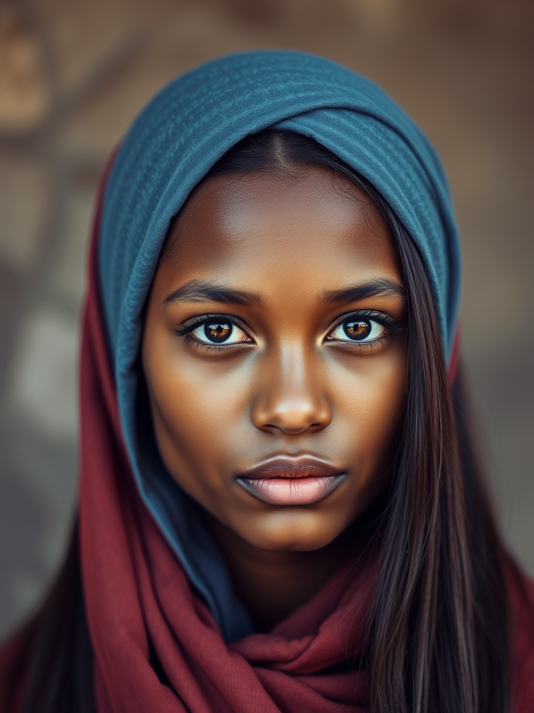 Create a portrait of a young Mulatto woman with long, dark hair and captivating hazel eyes. She is wearing a blue headscarf and a matching scarf draped gracefully around her neck. The background is softly blurred, focusing attention on her serene and natural expression. The overall color palette is muted and warm, enhancing the intimate and authentic feel of the portrait.