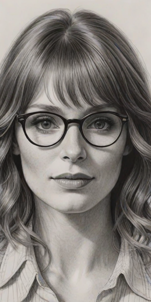 Fascinating Bryce Dallas Howard, pencil sketch, portrait of Gorgeous woman 1974s in glasses, hair style beatnik, outline, clear lines, fine lines, 8k