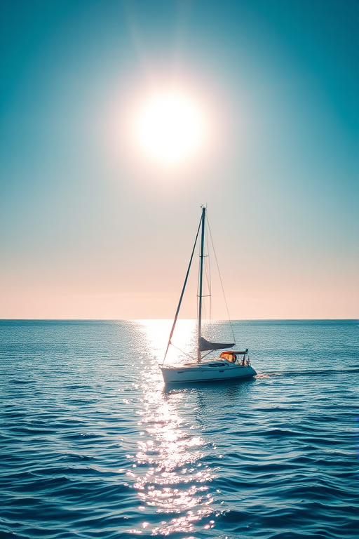 Create a high-resolution image of a nautical scene featuring a sailboat on calm water under a bright sun, captured with a DSLR camera at f/8 aperture, 1/200 sec shutter speed, ISO 100, in landscape orientation with a shallow depth of field.