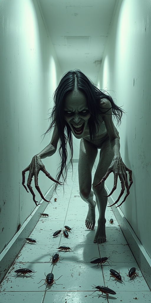 a crooked female with long arms and a creepy smile is crawling along a long white corridor and you can also see cockroaches in it there is a creepy atmosphere creepy art style