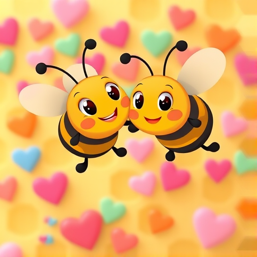 Generate a vibrant and whimsical illustration of two cartoon bees with exaggerated facial expressions flying among colorful hearts, set against a pastel honeycomb background, using a Canon EOS R5 camera with a 50mm f/1.2 lens, aperture set at f/2.8, ISO 100, and a shallow depth of field to enhance focus on the bees while blurring the background.