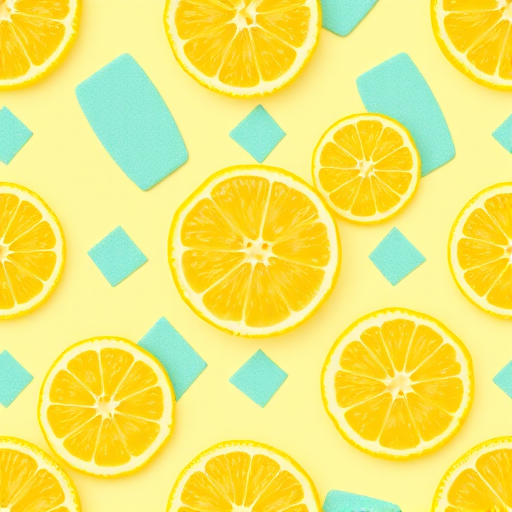 Create a seamless pattern featuring bright yellow lemon halves and aqua blue geometric shapes on a soft pastel yellow background, using a high-resolution digital camera, macro lens at f/2.8, with a top-down view and vibrant color saturation.