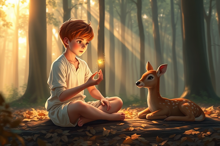 A luminous digital painting of a serene forest scene featuring a barefoot young male, about 7 years old, with orange hair and fair skin, dressed in a simple white outfit. He sits cross-legged on the forest floor, gazing at a small, glowing, magical firefly in his hand. Beside him, a delicate spotted deer lies calmly on a bed of dried leaves, observing the scene. The dense forest is bathed in warm, golden light filtering through the trees, creating a peaceful, magical atmosphere with a blend of natural and mystical elements.