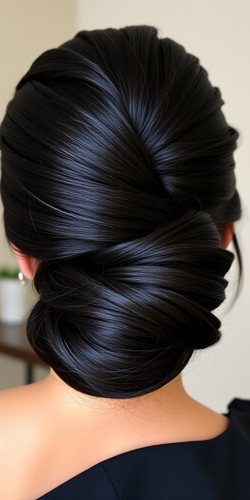 Sophisticated hair style featuring a smooth french twist updo with a deep side part in a glossy jet black shade
