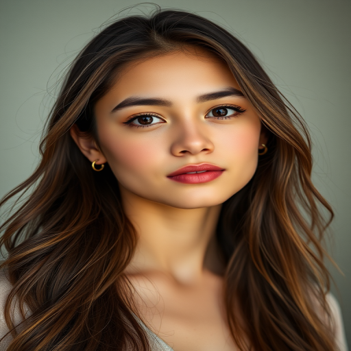 Create a portrait of a young woman with long, flowing hair and a gentle expression, wearing a stylish outfit and delicate earrings, captured in soft, diffused lighting, using a Canon EOS R5 camera, 85mm lens, f/1.4 aperture, ISO 100, in portrait mode with a shallow depth of field.