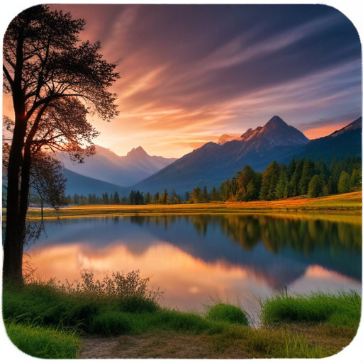 Tranquil Sunset Over Majestic Mountains Reflected in Serene Lake Waters