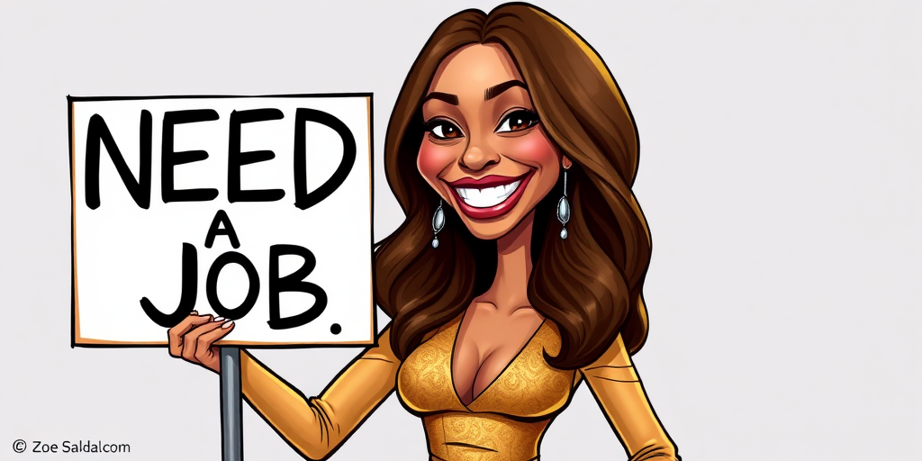 caricature of a smiling Zoe Saldana in a Gold dress or suit, holding up a sign that says "NEED A JOB", no watermark,