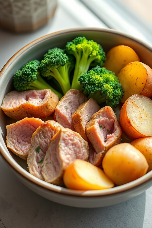 A bowl containing slices of meat, fresh broccoli, and potatoes arranged artistically with natural lighting, taken with a DSLR camera, 50mm f/1.8 lens, ISO 200, aperture f/4, and a shallow depth of field to enhance focus on the food.