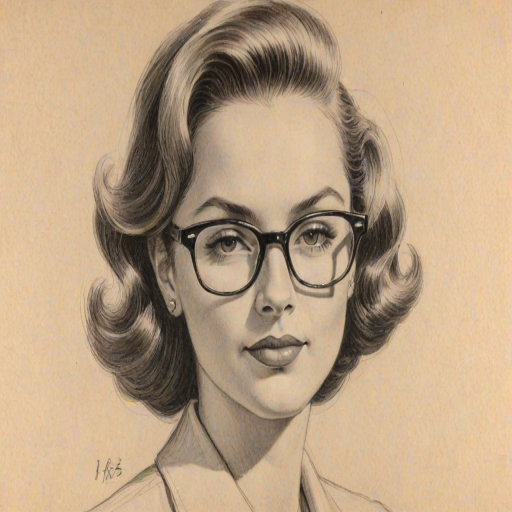 Exquisite Den'e Benton, pencil sketch, portrait of Appealing woman 1948s in glasses, hair style beatnik, outline, clear lines, fine lines, 8k