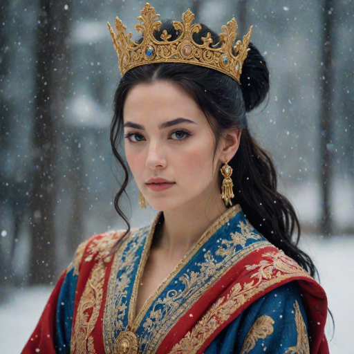 A young woman with long black hair styled in a high bun, adorned with a gold crown and intricate hair ornaments, stares intently at the viewer. She wears a vibrant red and gold embroidered robe with blue accents, a gold belt with a large ornate buckle, and a blue and gold shoulder piece. The woman is positioned in the center of the frame, with the background blurred and filled with falling snow. The image has a soft, ethereal feel with a focus on the woman's face and attire, creating a portrait-like composition. The colors are rich and saturated, with the red, gold, and blue of the clothing standing out against the muted blue and white of the snowy backdrop. The lighting is soft and diffused, casting a warm glow on the woman's face.  The overall mood is elegant and mysterious.  The details of the woman's attire, especially the intricate embroidery and embellishments, add a sense of opulence and grandeur.  The falling snow further enhances the sense of winter magic and wonder.