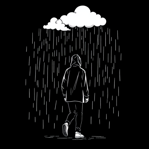 Create a minimalist illustration of a person walking in the rain with a hooded jacket, designed in a monochromatic style on a black background with falling raindrops and clouds overhead, captured with a DSLR camera at f/1.8, ISO 200, 50mm lens, in a high-contrast artistic style.