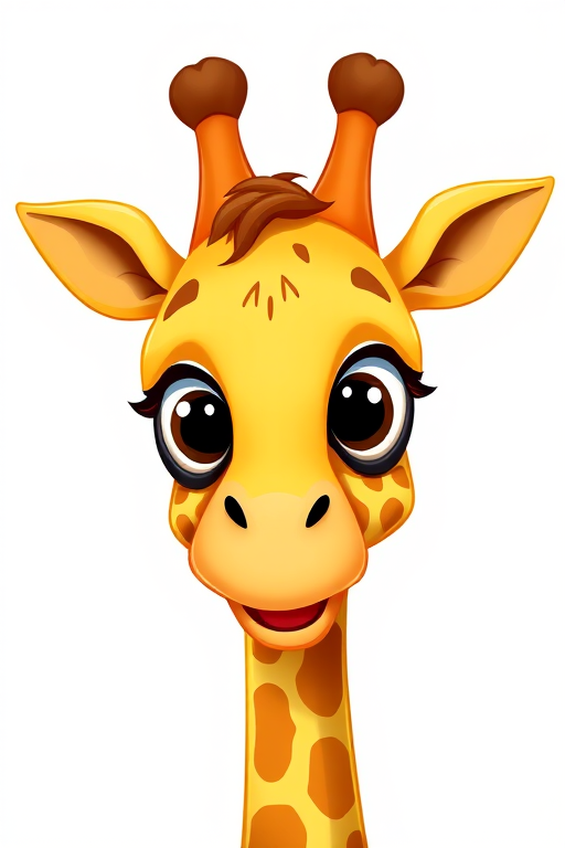 create a cartoon illustration of a giraffe with a tall neck and large eyes, use vibrant yellow and brown colors, ensure a playful expression, apply 50mm lens, f/2.8 aperture, and natural lighting for enhanced brightness and detail, digital illustration style.