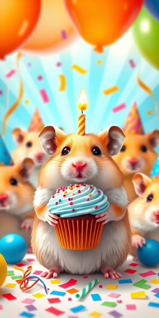 A cute hamster holding a cupcake with candles surrounded by colorful balloons and confetti with other hamsters in party hats in a festive background of bright colors and rays of light.