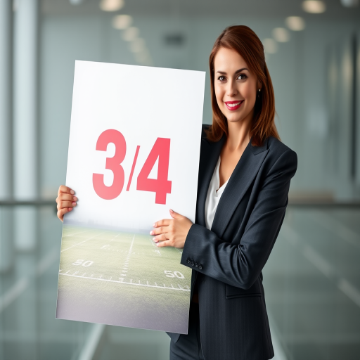 Create an image of a woman in a business suit holding a large poster with a foggy football field and the numbers 3 and 4 on it, captured with a DSLR camera at f/4.0, ISO 200, 50mm lens, shot from eye level with a focus on the poster and a slight bokeh effect in the background.
