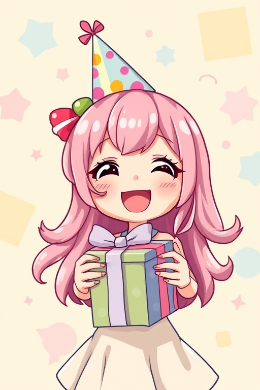 Create a vibrant and whimsical illustration of a cute character with pink hair wearing a party hat, joyfully holding a colorful gift box, in a vector art style, with a soft focus lens, 50mm f/1.8 aperture, natural lighting.