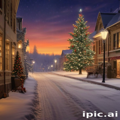 Charming Winter Street Scene with Festive Christmas Tree and Snowfall