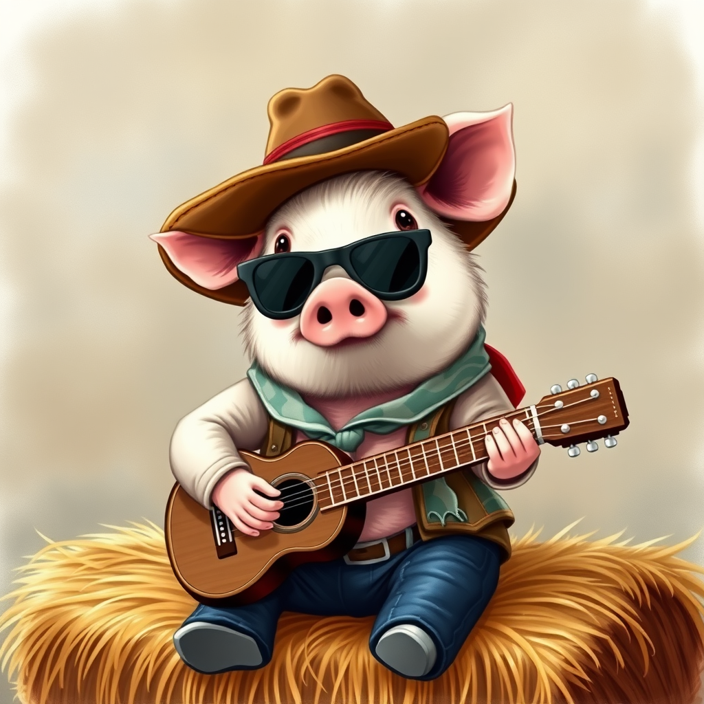 A chibi pig, dressed as a cowboy, playing guitar, sitting on a hay bale