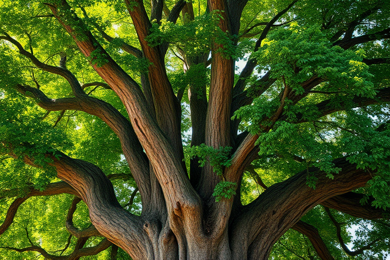 Create a highly detailed illustration of a large, lush tree with a broad canopy, captured with a Canon EOS 5D Mark IV, 50mm lens, f/8 aperture, ISO 100, natural light, slight angle from below to emphasize the height and grandeur of the tree, with vibrant green leaves and textured bark.