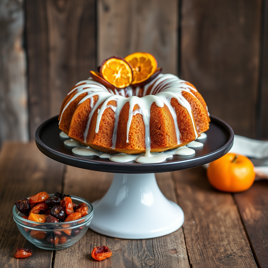 Create an image of a beautifully decorated bundt cake with a glossy icing drizzle and topped with colorful dried fruit slices including oranges and apricots placed on a dark round cake stand with a rustic wooden background and a small bowl of additional dried fruit in the foreground.