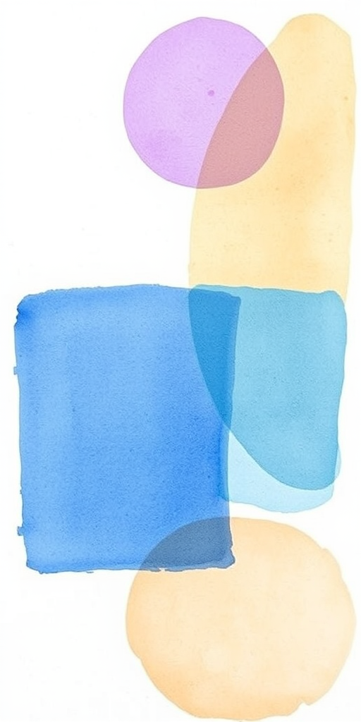 Create a vibrant abstract watercolor composition featuring a textured blue rectangle, a soft purple circle, and a warm beige oval, captured with a 50mm lens at f/1.8 aperture, ISO 100, shot in natural light for a smooth, high-quality finish.