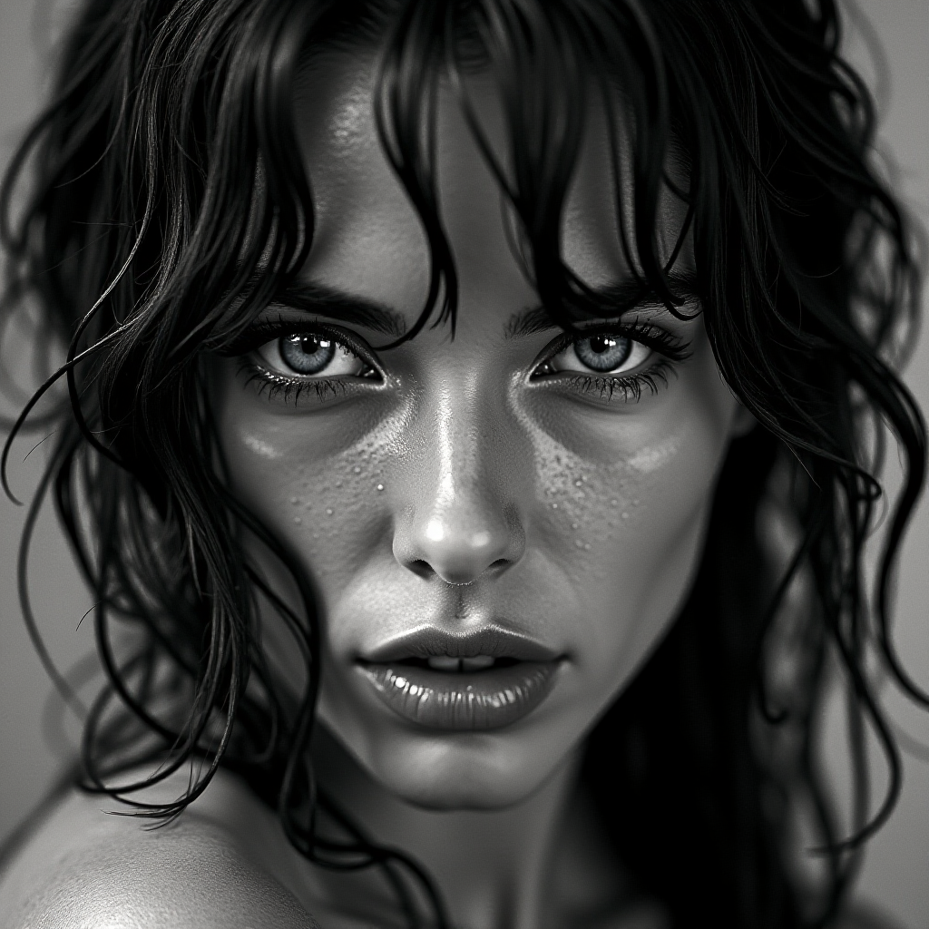 a striking portrait in the style of black-and-white photography, dramatic high-contrast lighting eloquently tracing the intricate details of hand-drawn pen strokes, a beautiful Nordic woman tousled hair and shining, focus on blue eyes and red lips, radiating with intensity portrait that highlights her dark , wet, . The monochromatic statement features her pale skin colored by tiny beads of sweat and water droplets, showcasing a hyper-detailed composition that focuses entirely on her unforgettable face. The stylized composition basks in atmosphere and mystery, created by the powerful, piercing gaze of the water-driven Nordic woman as she commands an intense and mesmerizing aura within the limited frame. Composed to evoke a sense of nostalgic wonder, this portrait perfectly captures the essence of a bygone era.