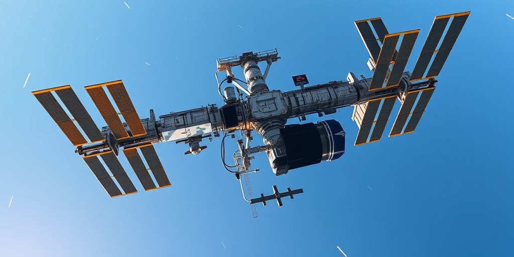 Generate an image of the International Space Station in high resolution, captured with a Canon EOS R5 at f/8, ISO 100, 1/250 sec, wide-angle view, with a focus on capturing intricate details and textures of the station against a clear blue sky.