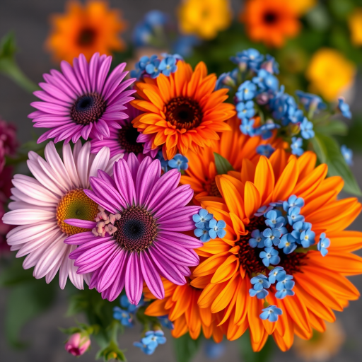 generate a vibrant floral arrangement featuring a variety of flowers such as a purple daisy, pink cherry blossom, bright orange sunflower, and blue forget-me-not in a soft focus background with deep saturation, taken with a DSLR camera at f/2.8, ISO 100, 50mm lens, overhead view for enhanced detail and clarity