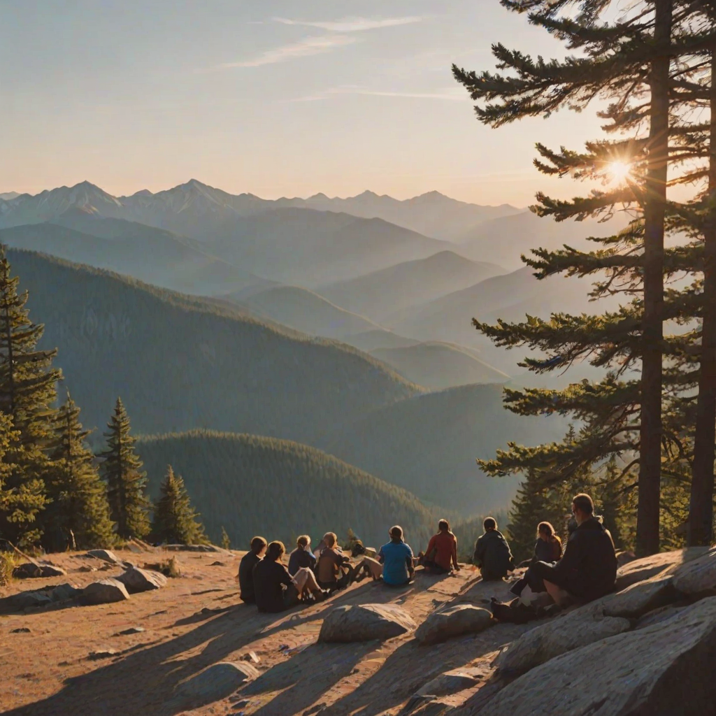 Blurry, candid photo of a group of hikers resting at a mountain overlook, distant peaks stretching into the horizon, soft light from the setting sun casting long shadows, and the sound of wind rustling through the trees.