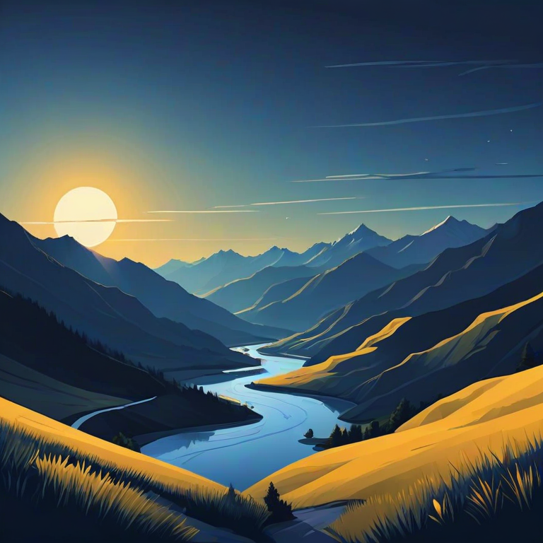 generate a minimalist vector landscape featuring mountains, rolling hills, and a river under a twilight sky with a color palette of deep blues and bright yellows