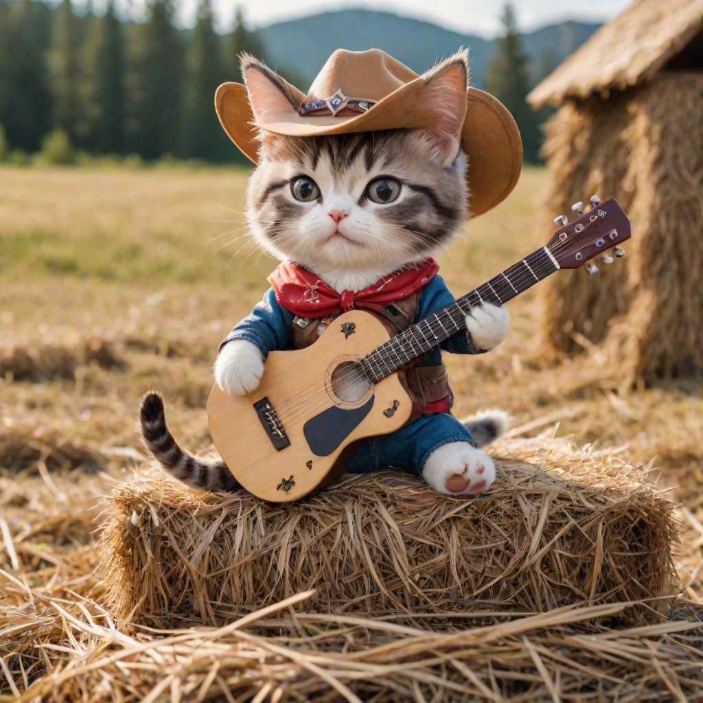 A chibi cat, dressed as a cowboy, playing guitar, sitting on a hay bale