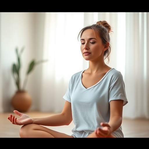 Create a serene portrait of a woman sitting in meditation, soft natural lighting, shallow depth of field, 50mm lens, f/1.8 aperture, ISO 100, 1/200 sec shutter speed, captured with a DSLR camera, focus on her tranquil expression and details of the setting.
