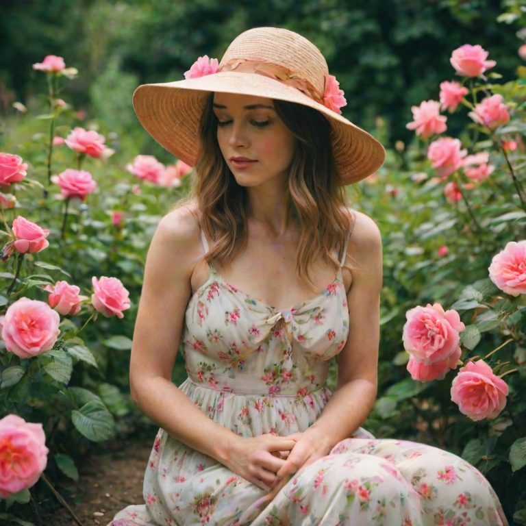 Soft-focus image of a woman sitting in a flower-filled garden, wearing a wide-brimmed hat and a sundress, gently caressing the petals of a blooming rose.