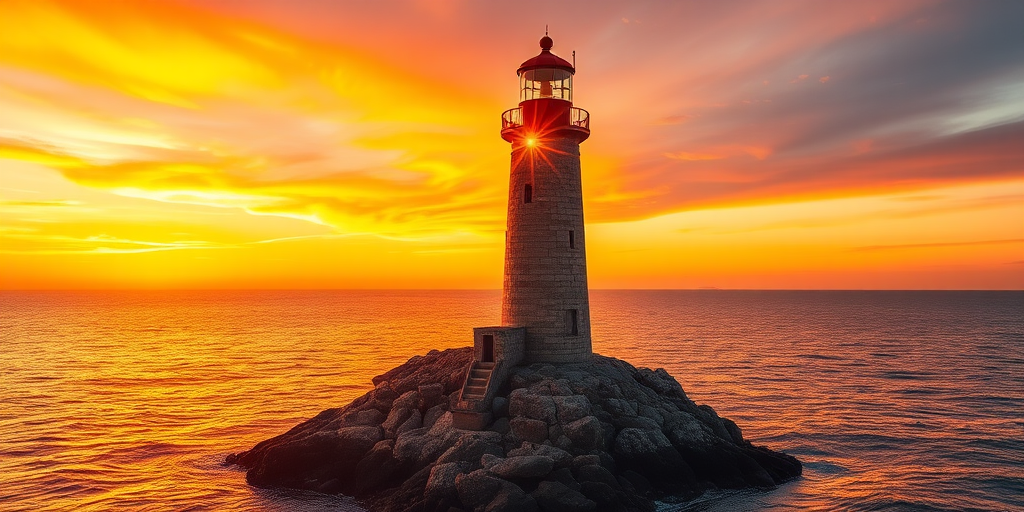 Generate an image of a tall lighthouse perched on a rocky outcrop surrounded by calm ocean waters during a breathtaking sunset. The lighthouse stands sturdy and weathered, its stone surface illuminated by the warm golden light of the setting sun. The sun's rays pass directly through the glass lantern room at the top of the lighthouse, casting a brilliant light across the scene. The sky is painted with vibrant shades of orange, pink, and purple, reflecting off the tranquil sea. The surrounding water shimmers with the same warm hues, creating a serene and majestic atmosphere.