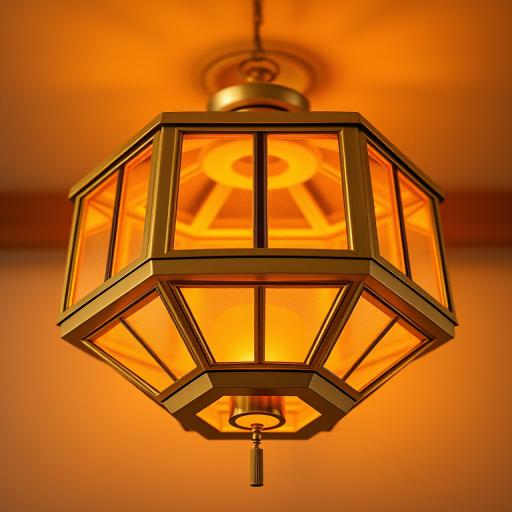 Create a 3D rendering of a hexagonal golden lantern with transparent panels, use a Canon EOS R5, aperture f/2.8, shutter speed 1/60s, ISO 100, 50mm lens, top-down view, soft lighting for a warm atmosphere.