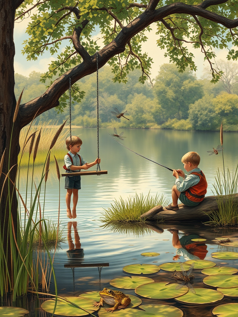 Imagine a small group of old fashioned young boys out fishing by the creek, a swing hanging from a tree branch, reeds and grasses by the water's edge, a frog sitting on a lily pad, dragonflies hovering over som water plans, a very iconic old fashioned scene reminiscent of a Norman Rockwell painting style