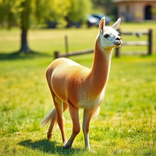 Create a high-resolution image of a llama standing on green grass in a sunny environment, captured with a DSLR camera at f/2.8 aperture, ISO 100, 50mm lens, with a shallow depth of field in bright natural light.