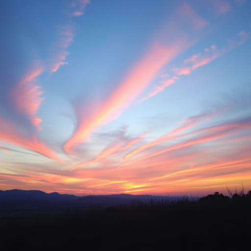Create a high-resolution image of a serene landscape at sunset with vibrant colors in the sky, using a DSLR camera with a 50mm lens, aperture f/2.8, shutter speed 1/250s, ISO 100, in landscape orientation and a soft focus effect.